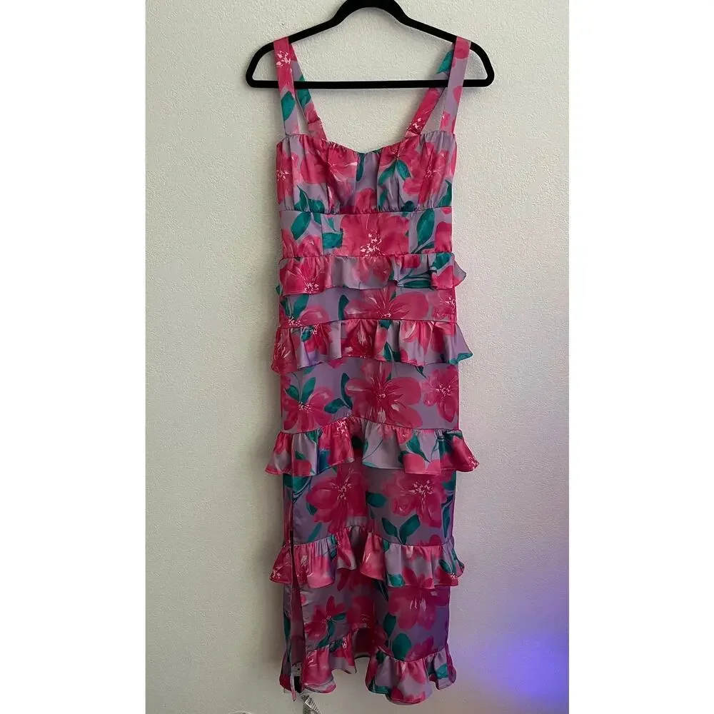 Show Me Your MuMu Satin Floral Ruffle Monique Midi Dress NWT - Picture 4 of 7